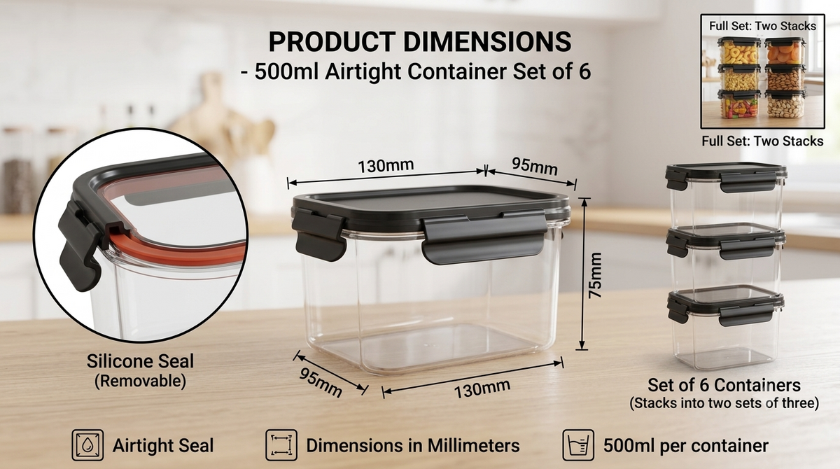 500ml Airtight Kitchen Storage Containers – Set of 6 size chart
