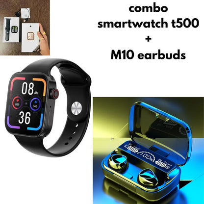 Combo Pack of 2 Items - t 500 SmartWatch with Heart Rate Monitor, M 10 TWS Wireless Auto Pairing in-Ear Bluetooth Headset