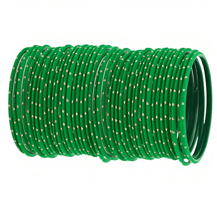 Green Textured Bangles with Golden Dots Metal Bangles Set of 48 Bangles