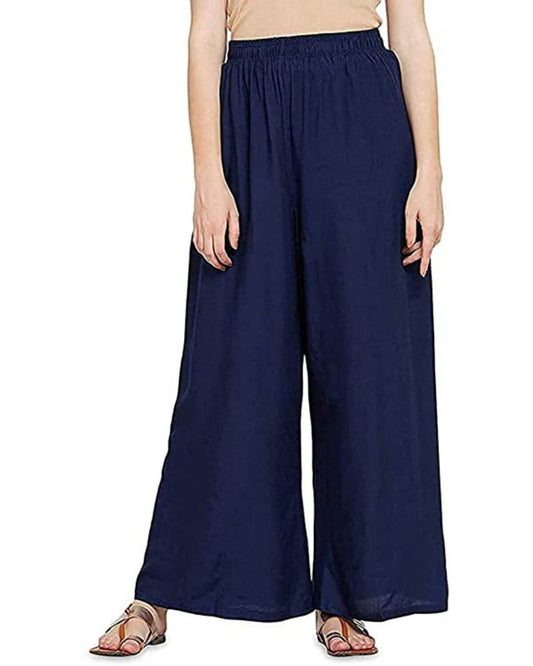 Navy Blue Rayon Cotton Regular Fit Palazzo Pants for Women 