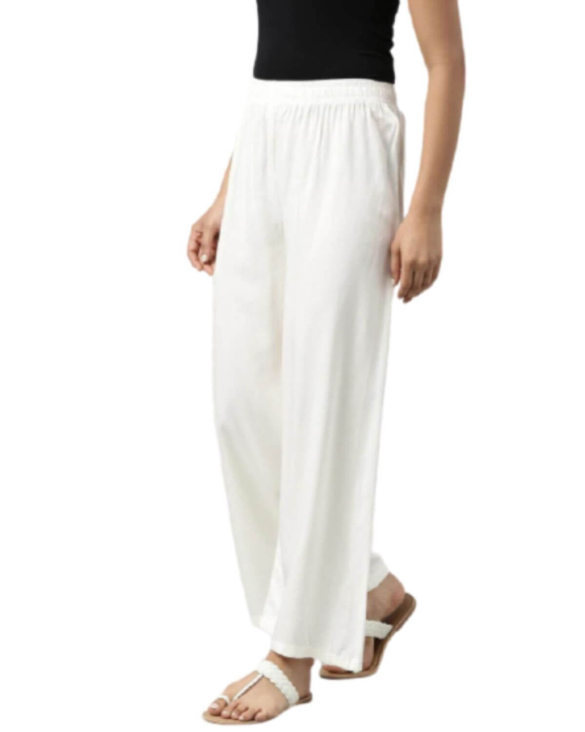 Off White Rayon Cotton Regular Fit Palazzo Pants for Women 