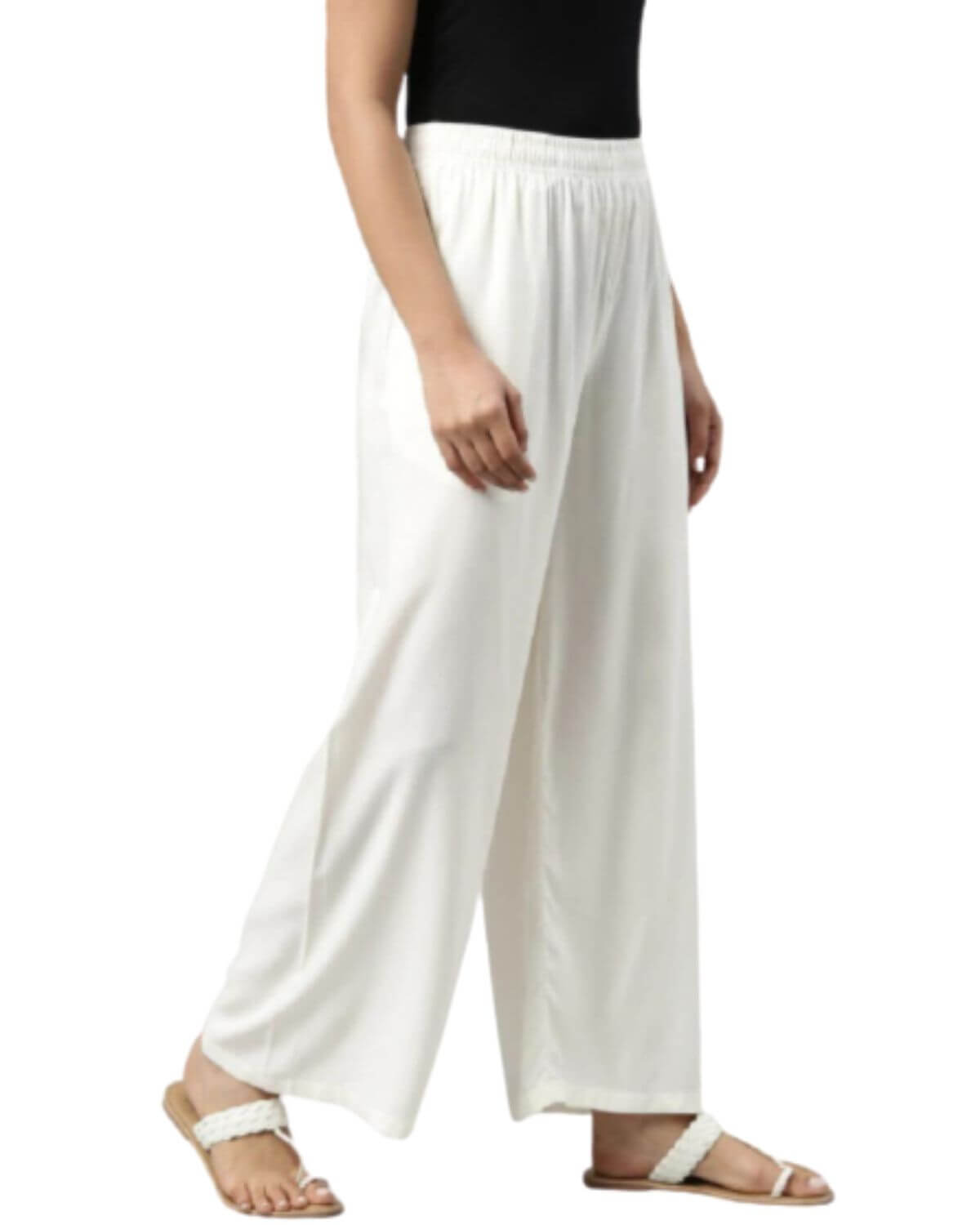 Off White Rayon Cotton Regular Fit Palazzo Pants for Women 