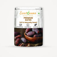 Saatdaana Premium Dates pouch front side with dates in a wooden bowl