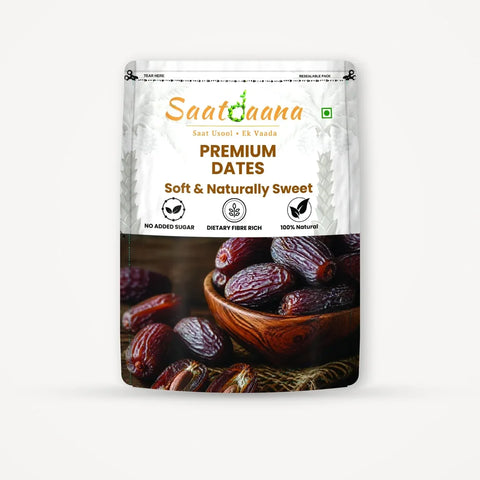 Saatdaana Premium Dates pouch front side with dates in a wooden bowl