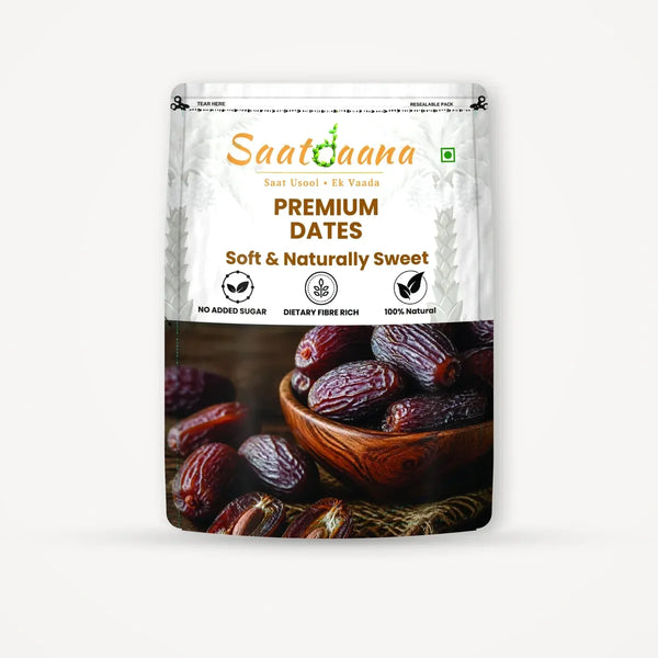 Saatdaana Premium Dates pouch front side with dates in a wooden bowl