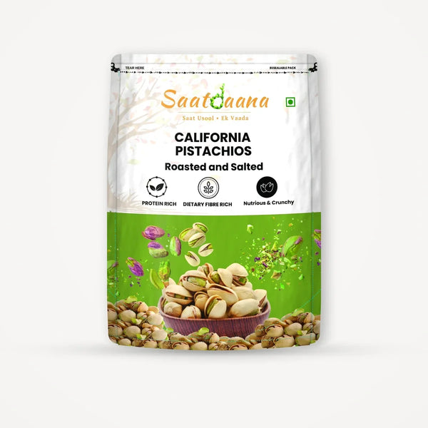 Saatdaana Roasted Unsalted Pistachio Kernels pouch front side