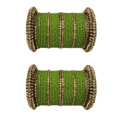 Pair of 2 Set Brass Stone Bangles with Golden Dots Matte Texture Metal Bangles"