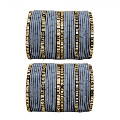 "Set of 2 Golden Dot Texture Metal Bangles Set with Brass Square Kundan Stones"