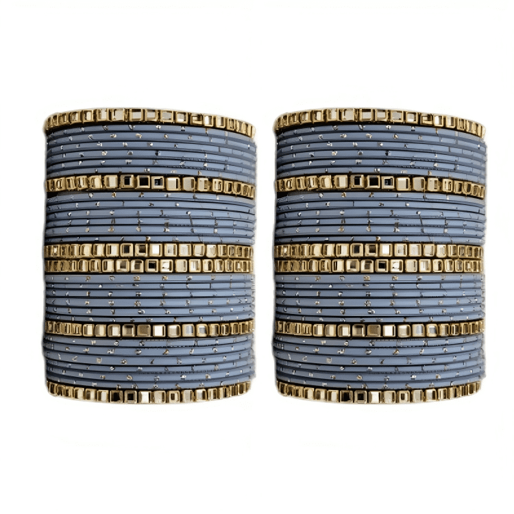 "Set of 2 Golden Dot Texture Metal Bangles Set with Brass Square Kundan Stones"