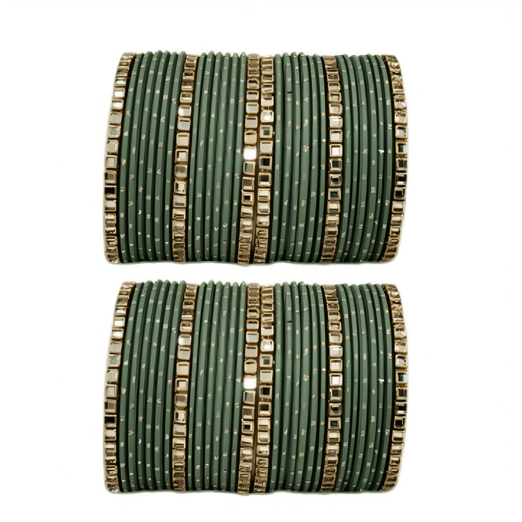 "Set of 2 Golden Dot Texture Metal Bangles Set with Brass Square Kundan Stones"