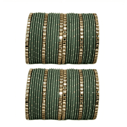 "Set of 2 Golden Dot Texture Metal Bangles Set with Brass Square Kundan Stones"