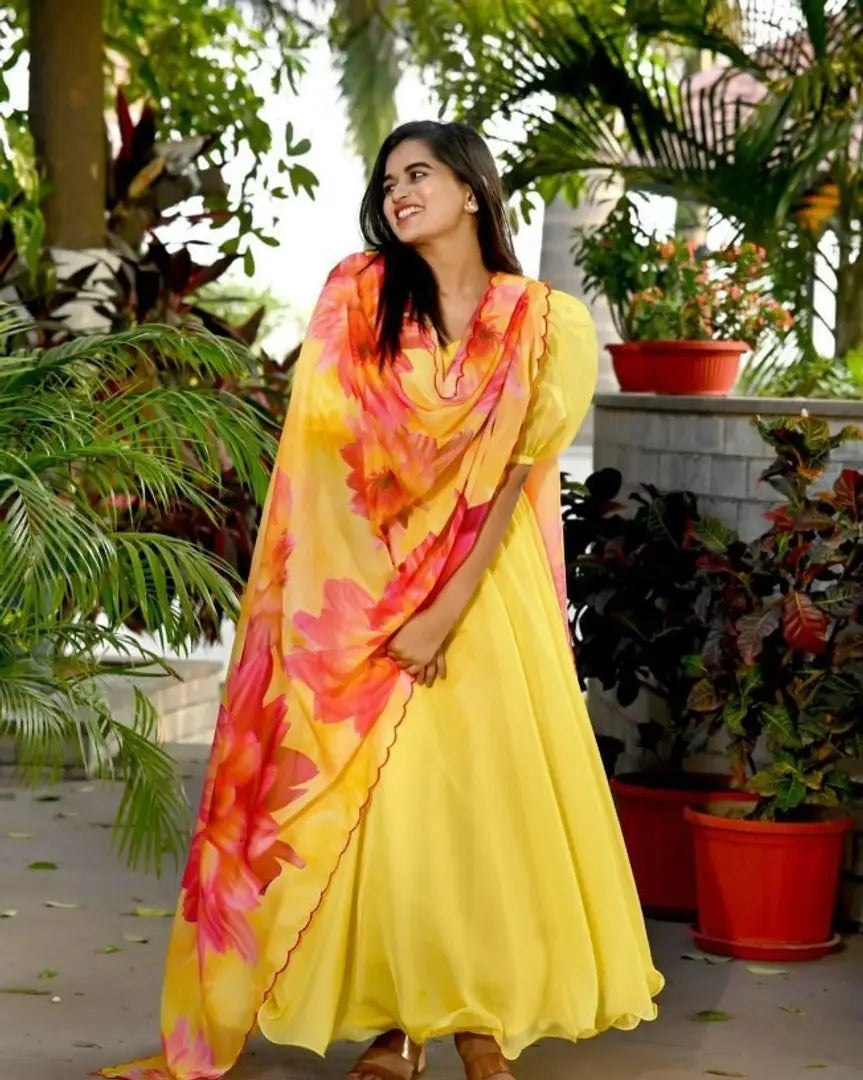 Stylish Georgette Ethnic Gown With Dupatta For Women