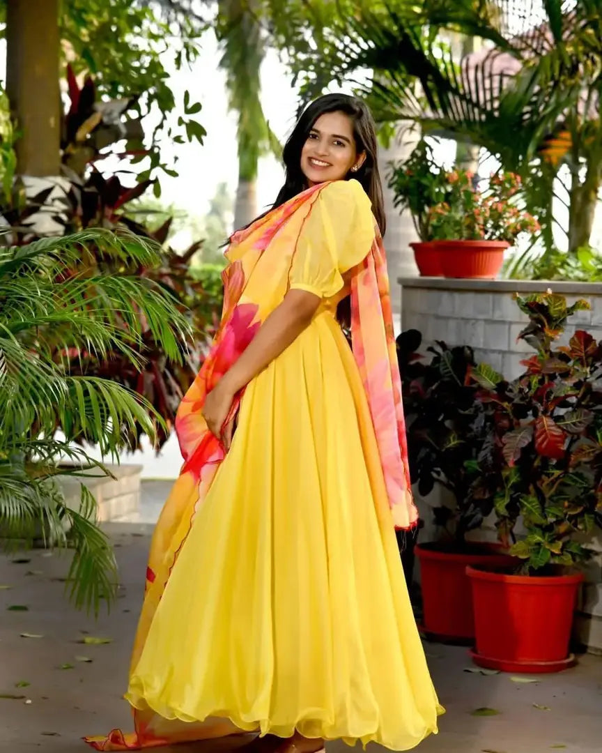 Stylish Georgette Ethnic Gown With Dupatta For Women