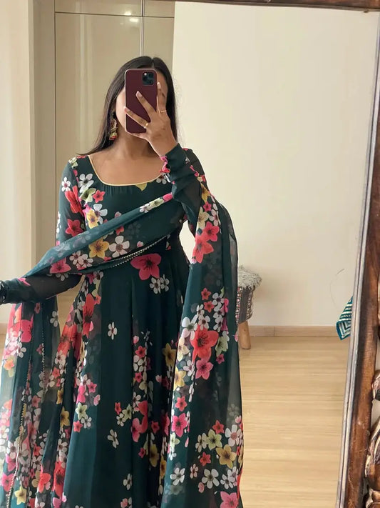 RAMA COLORED  GEORGETTE GOWN WITH DUPATTA