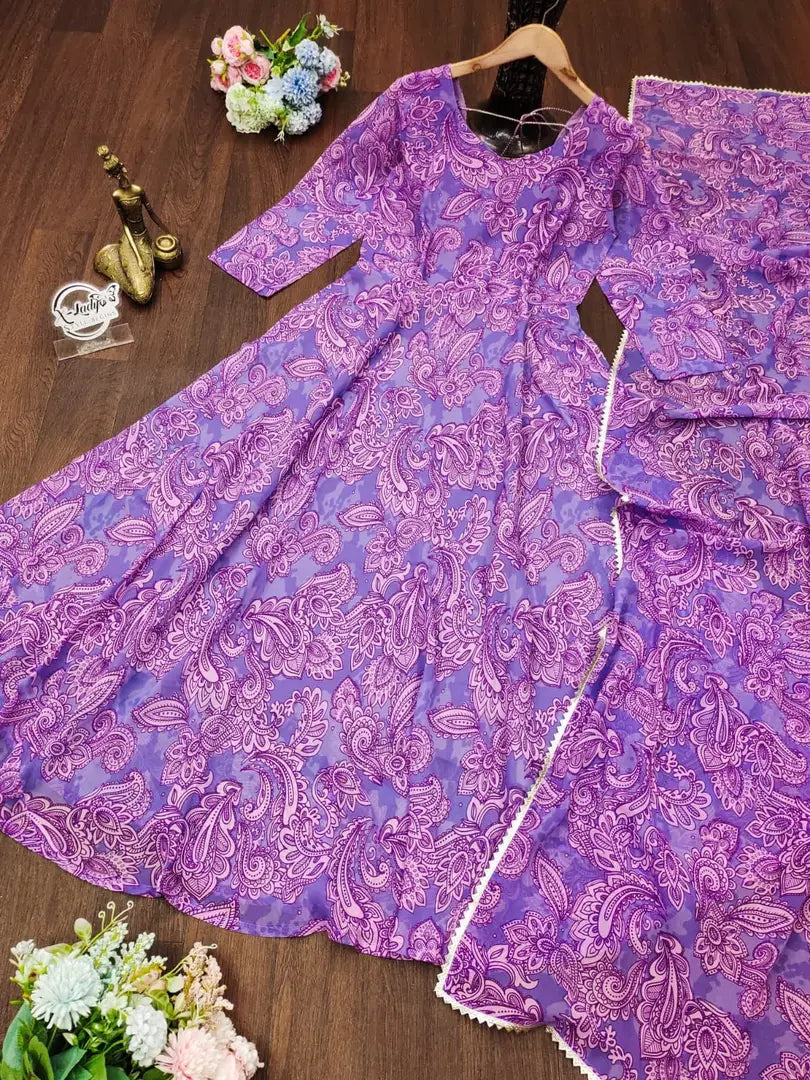 PURPLE COLOURED GEORGETTE   GOWN WITH DUPATTA