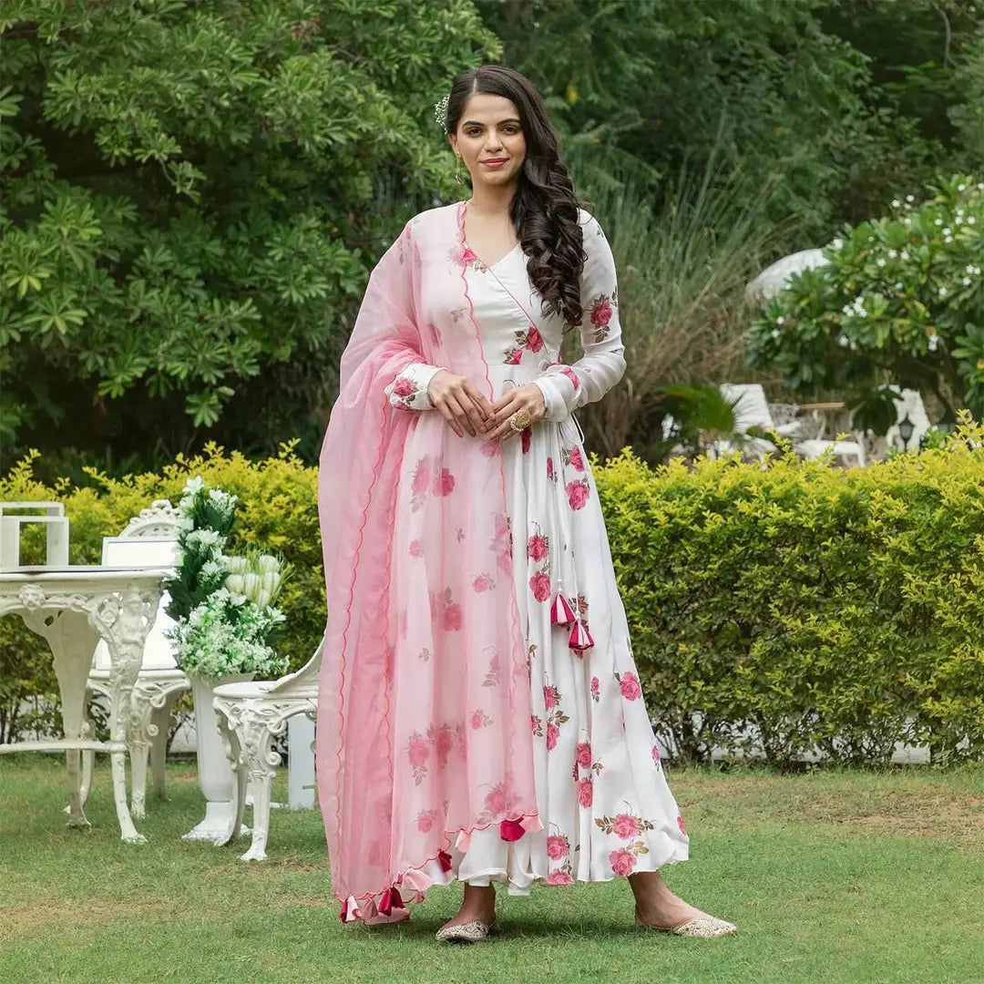 White  Coloured Georgette Gown With Dupatta