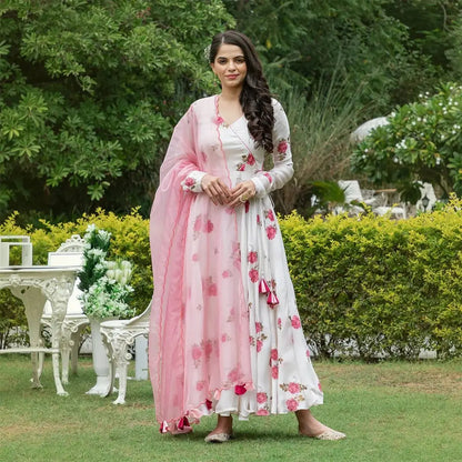 White  Coloured Georgette Gown With Dupatta