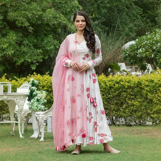 White  Coloured Georgette Gown With Dupatta