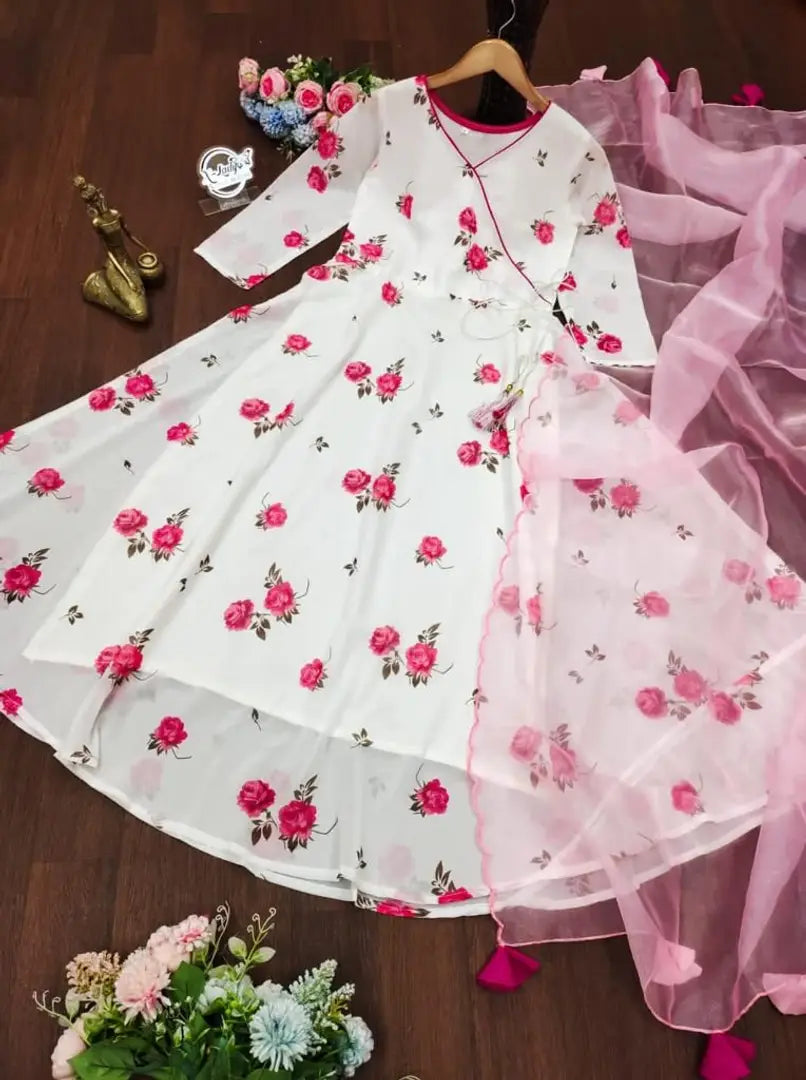 White  Coloured Georgette Gown With Dupatta