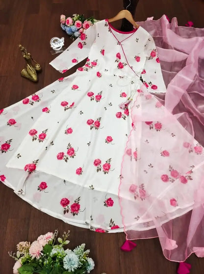 White  Coloured Georgette Gown With Dupatta