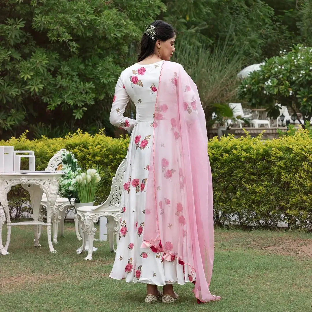 White  Coloured Georgette Gown With Dupatta