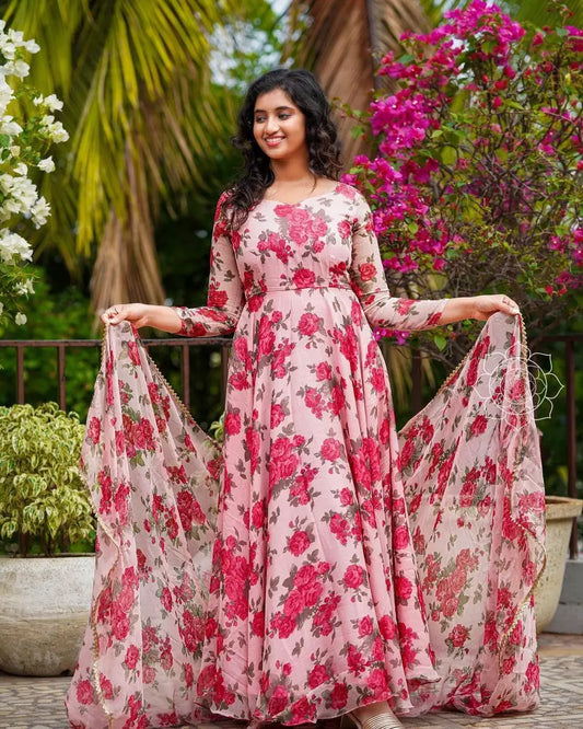 Pink Colored Georgette Gown With Dupatta