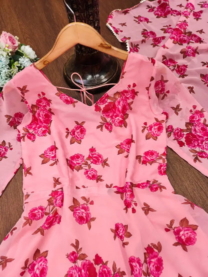 Pink Colored Georgette Gown With Dupatta