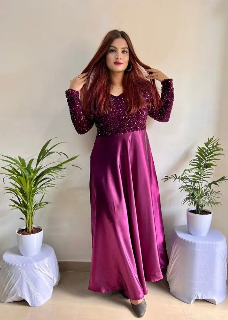 Stylish Fancy Velvet Ethnic Gown For Women