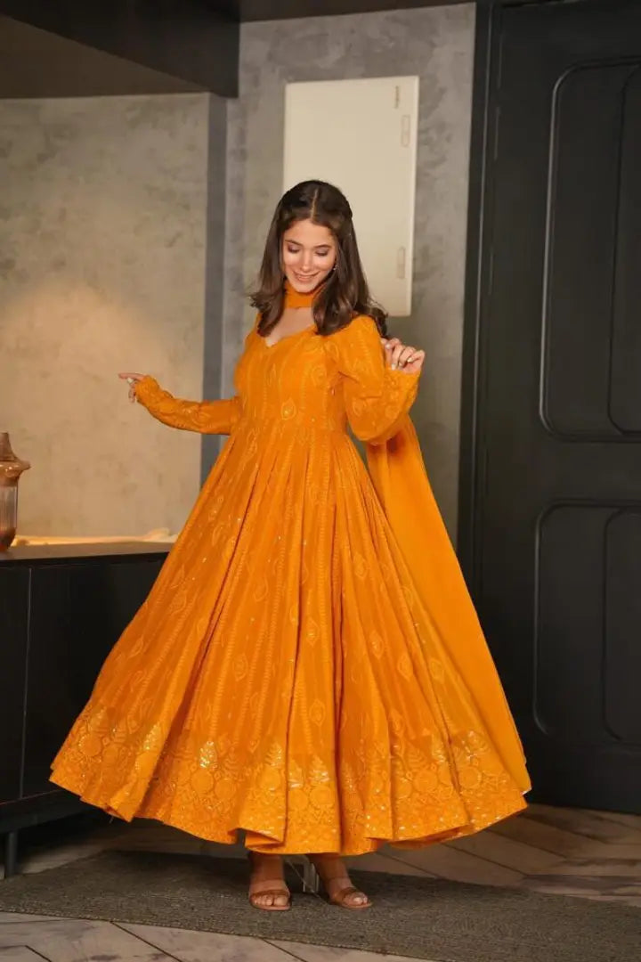 Yellow Colored Georgette Gown With Dupatta