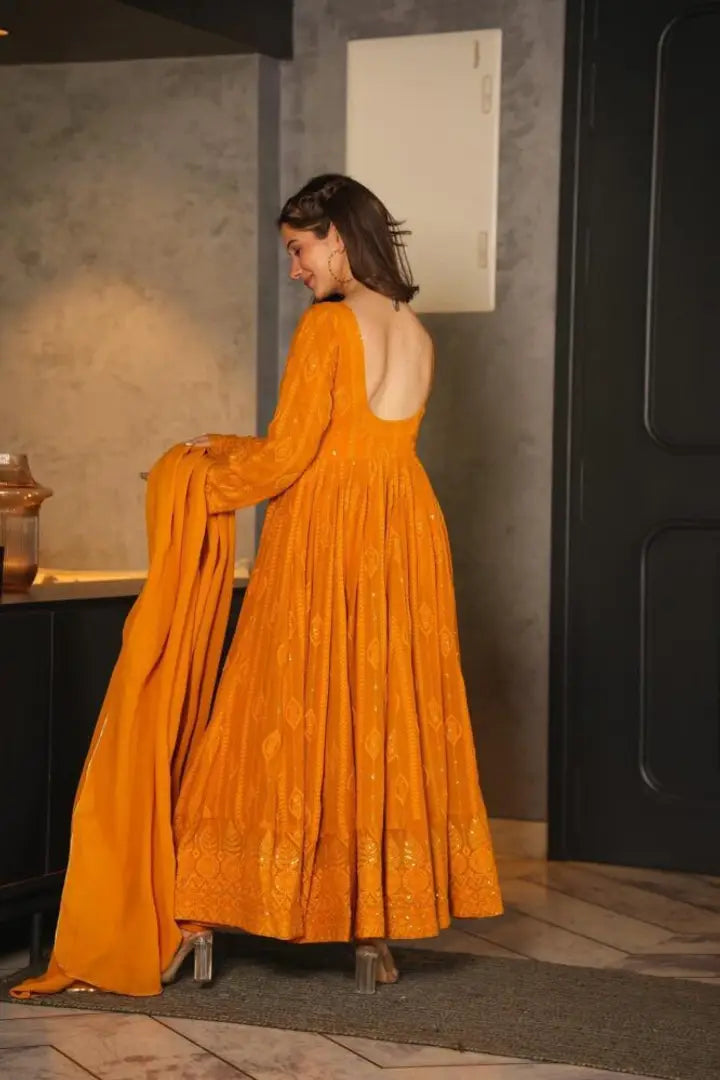 Yellow Colored Georgette Gown With Dupatta