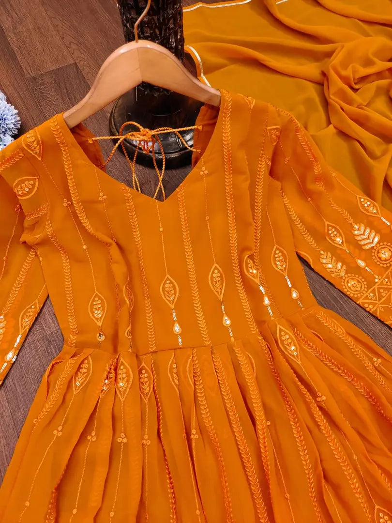 Yellow Colored Georgette Gown With Dupatta