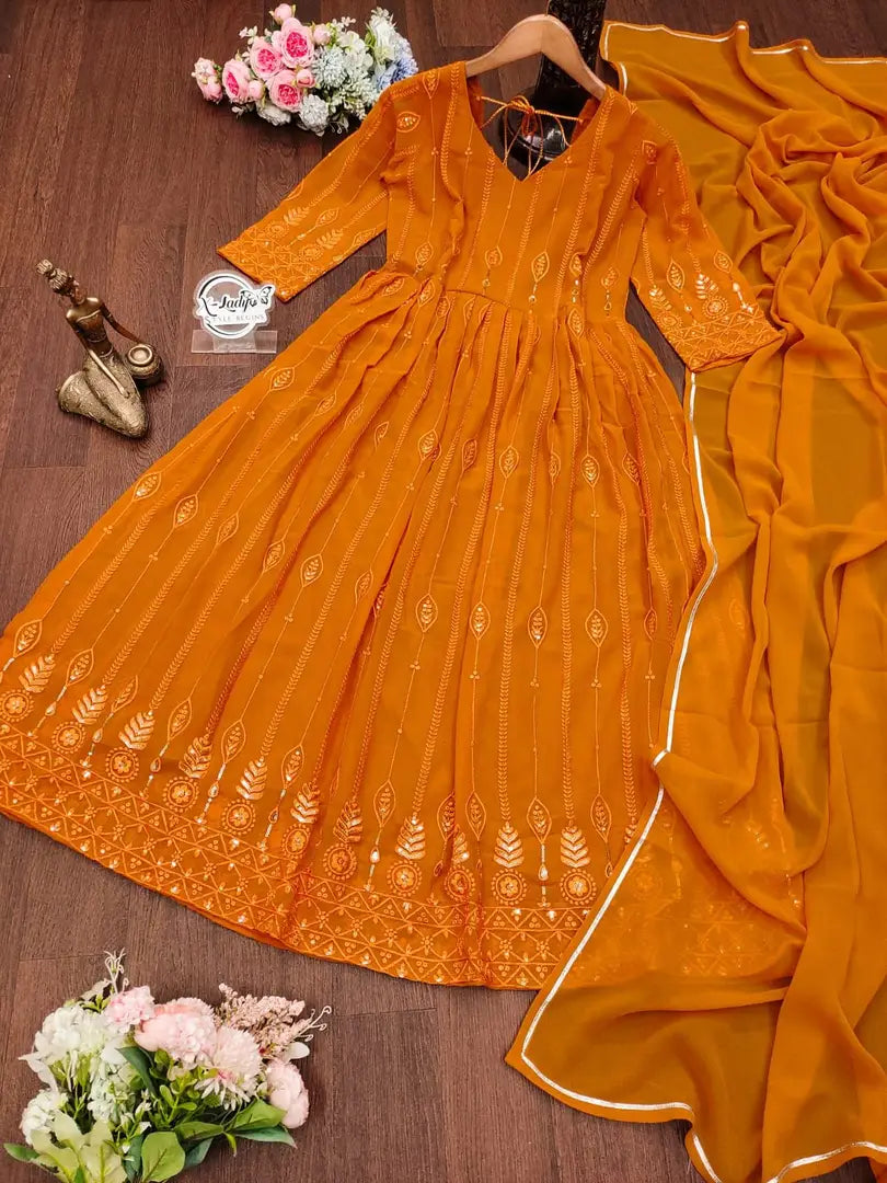 Yellow Colored Georgette Gown With Dupatta