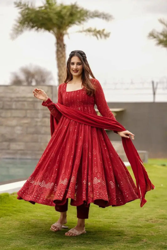 Red Colored Georgette Gown With Dupatta