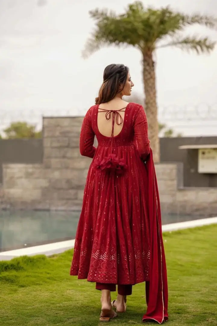 Red Colored Georgette Gown With Dupatta