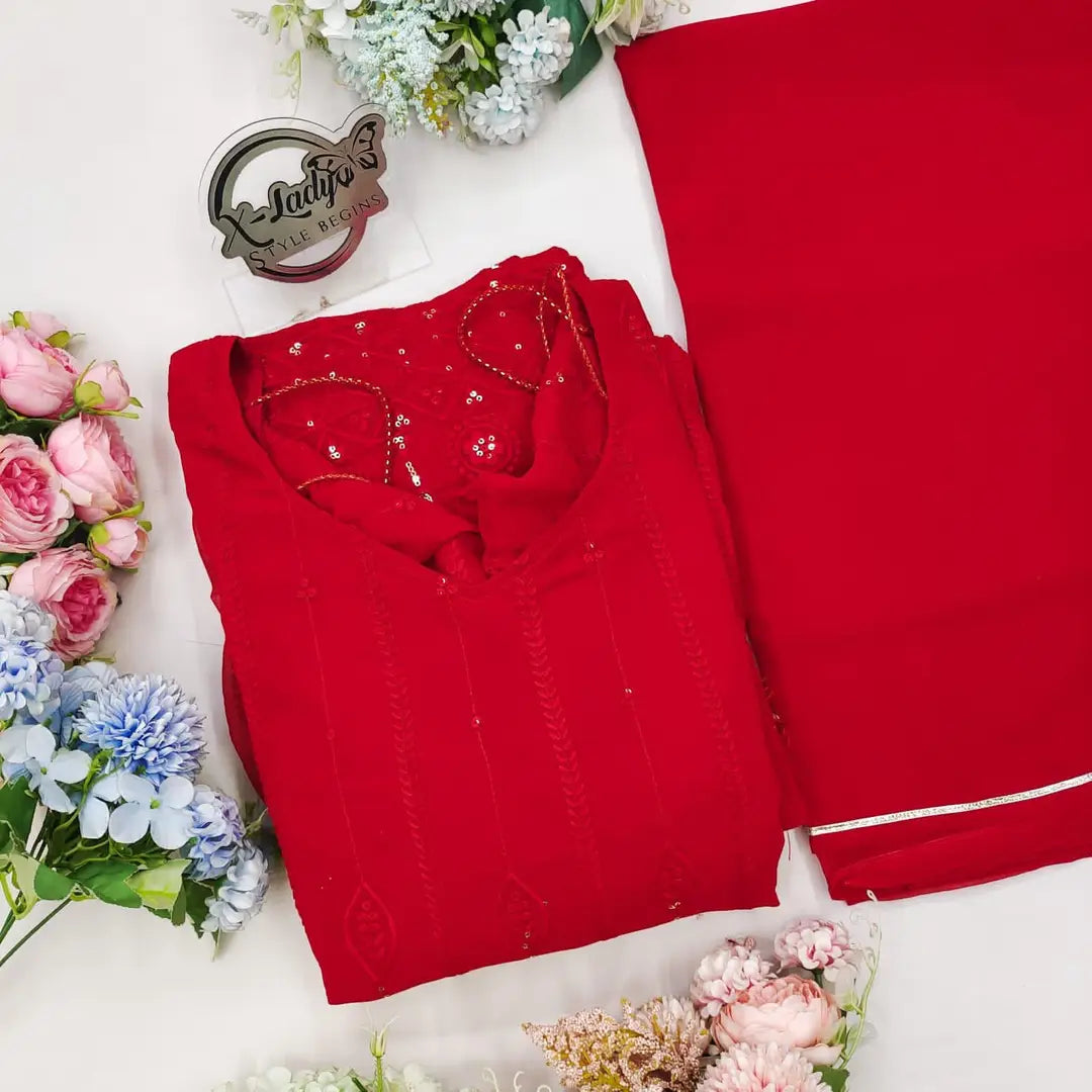 Red Colored Georgette Gown With Dupatta