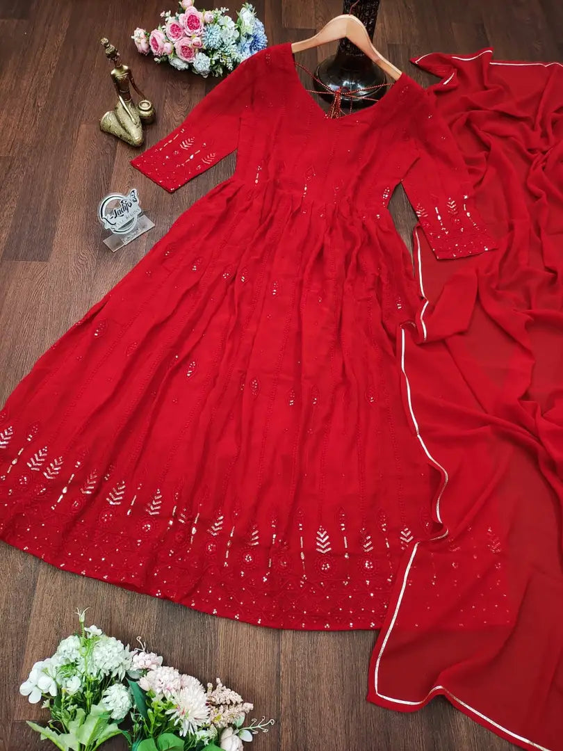 Red Colored Georgette Gown With Dupatta