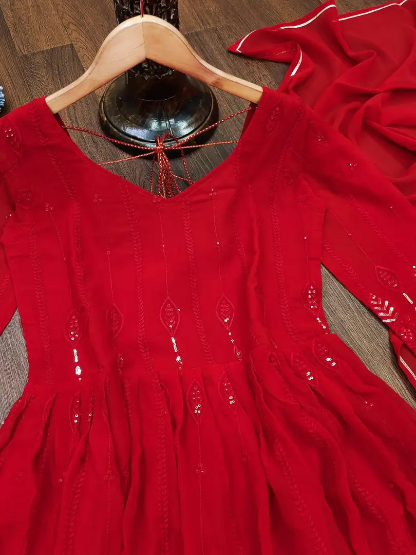 Red Colored Georgette Gown With Dupatta