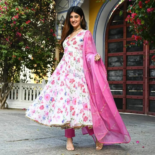 WHITE PINK COLOURED GEORGETTE GOWN WITH DUPATTA