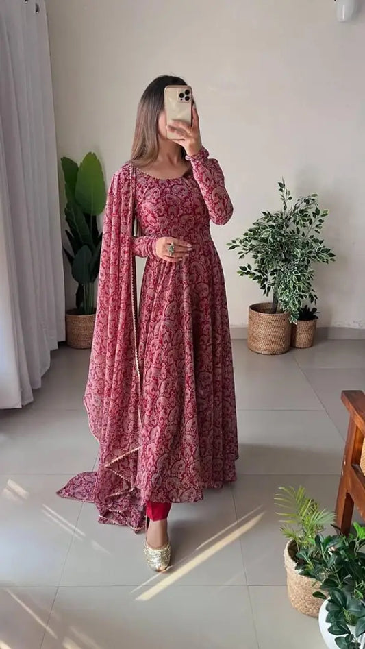 MAROON MULTICOLOURED GEORGETTE GOWN WITH DUPATTA