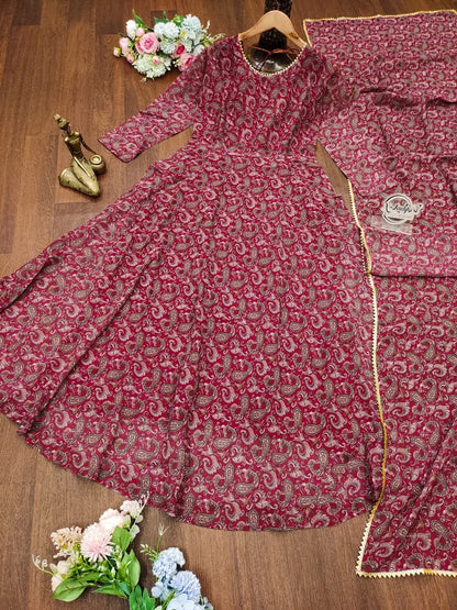 MAROON MULTICOLOURED GEORGETTE GOWN WITH DUPATTA