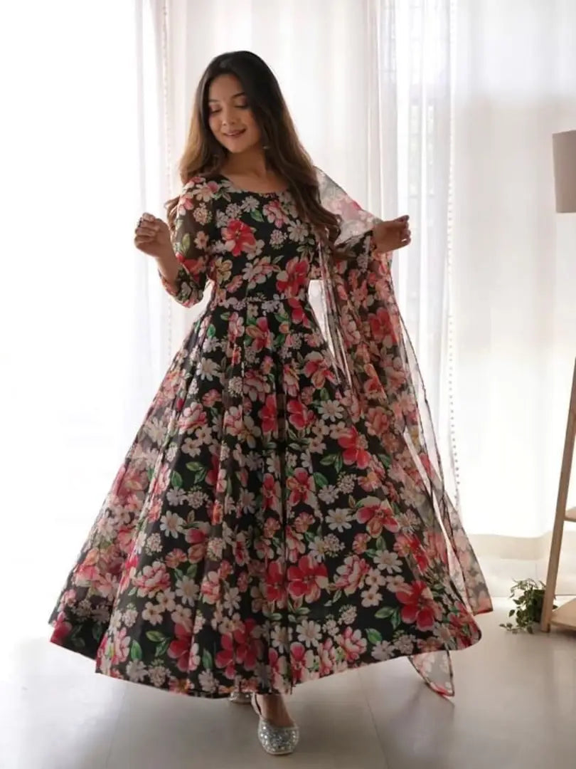 MULTICOLOURED GEORGETTE GOWN WITH DUPATTA