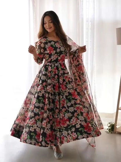 MULTICOLOURED GEORGETTE GOWN WITH DUPATTA