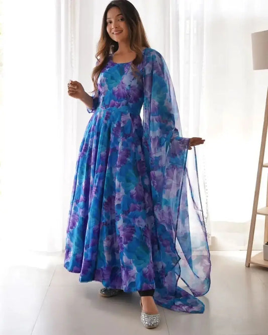 BLUE COLOURED GEORGETTE MAXY GOWN WITH DUPATTA