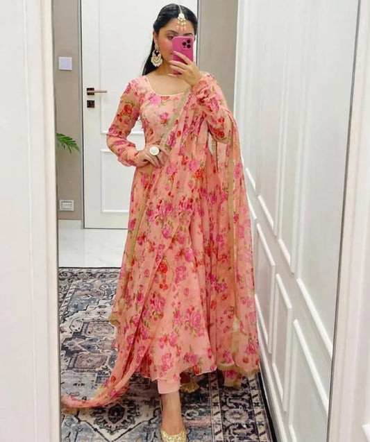 Ethnic Gown with Duppatta Set Peach
