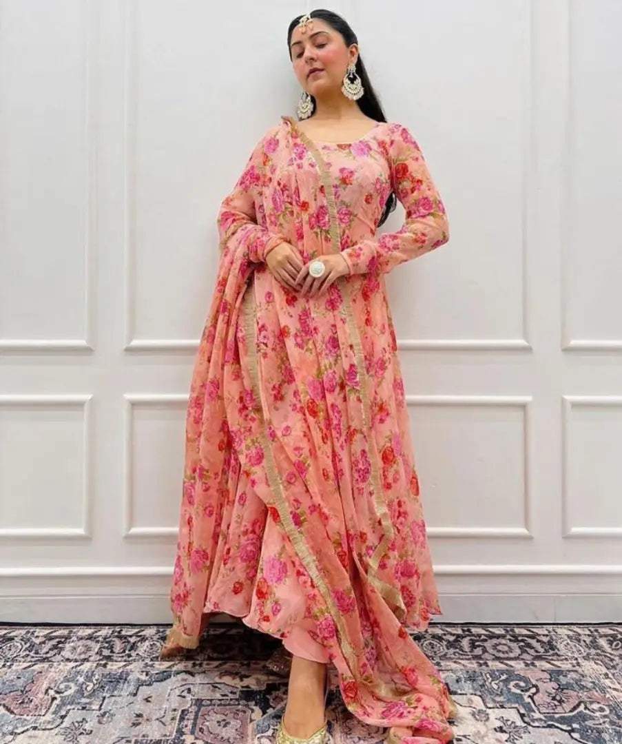 Ethnic Gown with Duppatta Set Peach