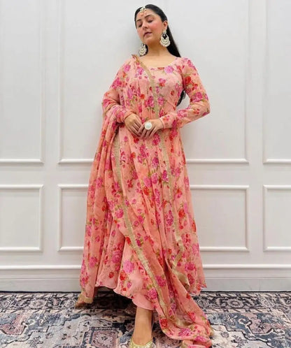 Ethnic Gown with Duppatta Set Peach