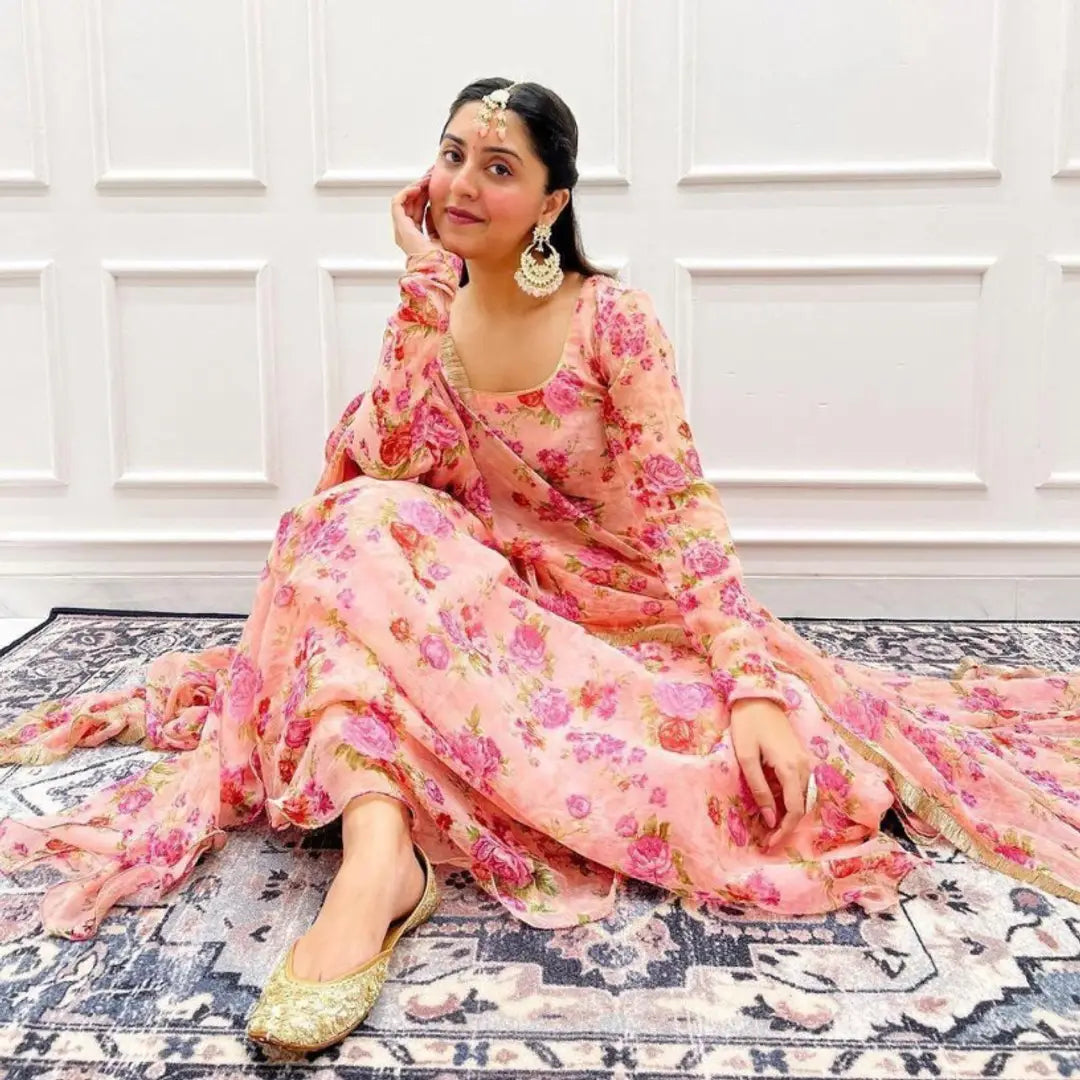 Ethnic Gown with Duppatta Set Peach