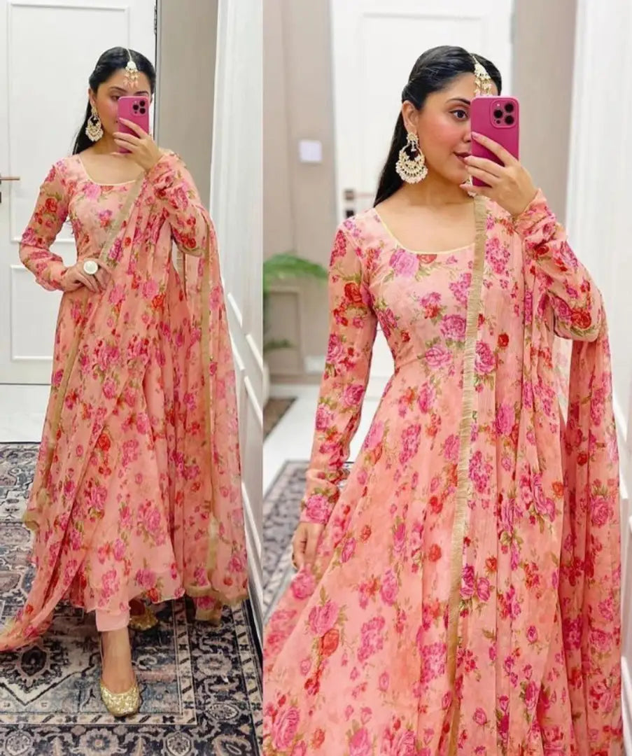 Ethnic Gown with Duppatta Set Peach