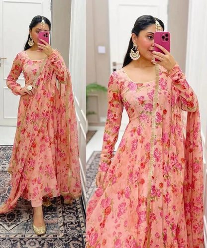 Ethnic Gown with Duppatta Set Peach