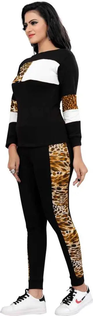 Animal Print Solid Women Track Suit Black